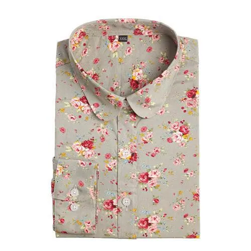Women Floral Shirts Cotton Long Sleeve Shirt Women Floral Print Shirt Casual Ladies Blouse Turn Down Collar Women Tops