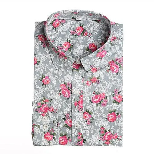 Women Floral Shirts Cotton Long Sleeve Shirt Women Floral Print Shirt Casual Ladies Blouse Turn Down Collar Women Tops