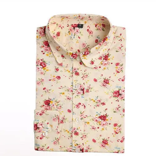 Women Floral Shirts Cotton Long Sleeve Shirt Women Floral Print Shirt Casual Ladies Blouse Turn Down Collar Women Tops