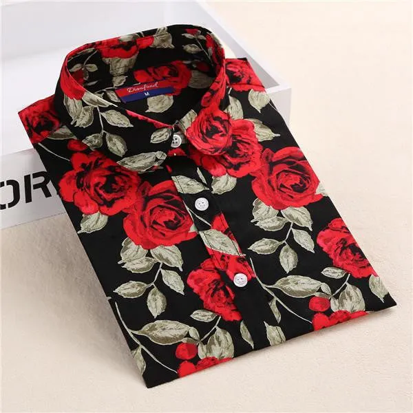 Women Floral Shirts Cotton Long Sleeve Shirt Women Floral Print Shirt Casual Ladies Blouse Turn Down Collar Women Tops