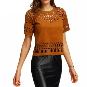 Women Hollow Out T shirt Boho Suede Back Zipper Cut Out Short Sleeve T-shirt Top Tee Shirts