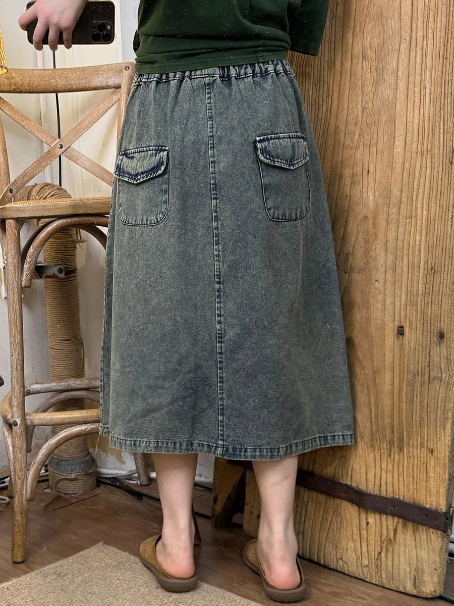 Women Spring Retro Embroidery A-Shape Frayed Denim Skirt