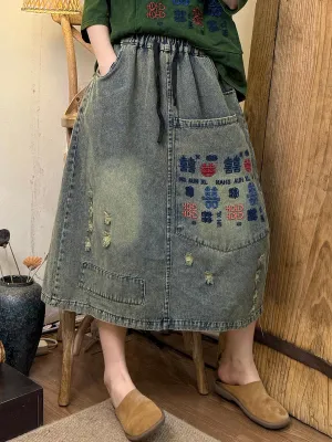 Women Spring Retro Embroidery A-Shape Frayed Denim Skirt