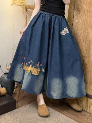 Women Summer Artsy Embroidery Denim A-Shape Skirt