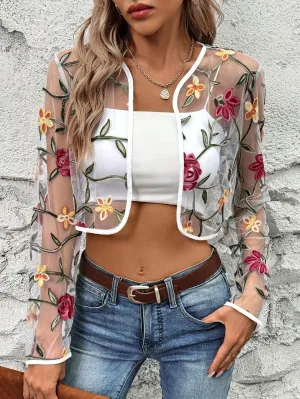 Women's Floral Embroidered Sheer Mesh Open Front Jacket