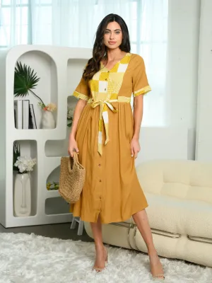 WOMEN'S SHORT SLEEVE FRONT DETAIL PRINT MIDI DRESS