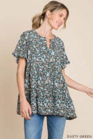 Women's Soft Poly Didzy Floral Prints Ruffle Sleeve Top
