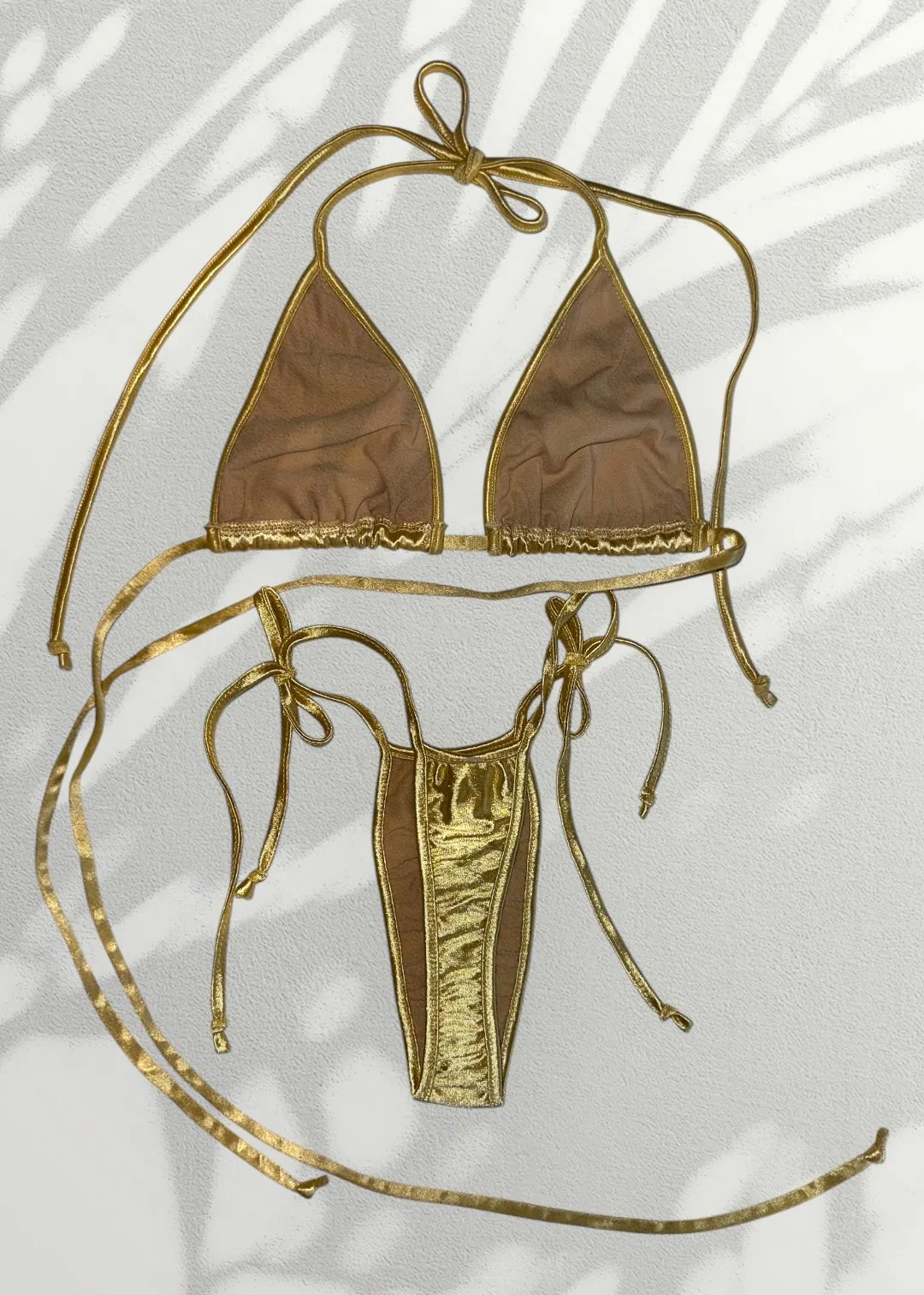 Y2K Minimalist Satin Double Lined Bikini Tie-Side Thong Swim Set, Vintage Deadstock | Silver, Gold