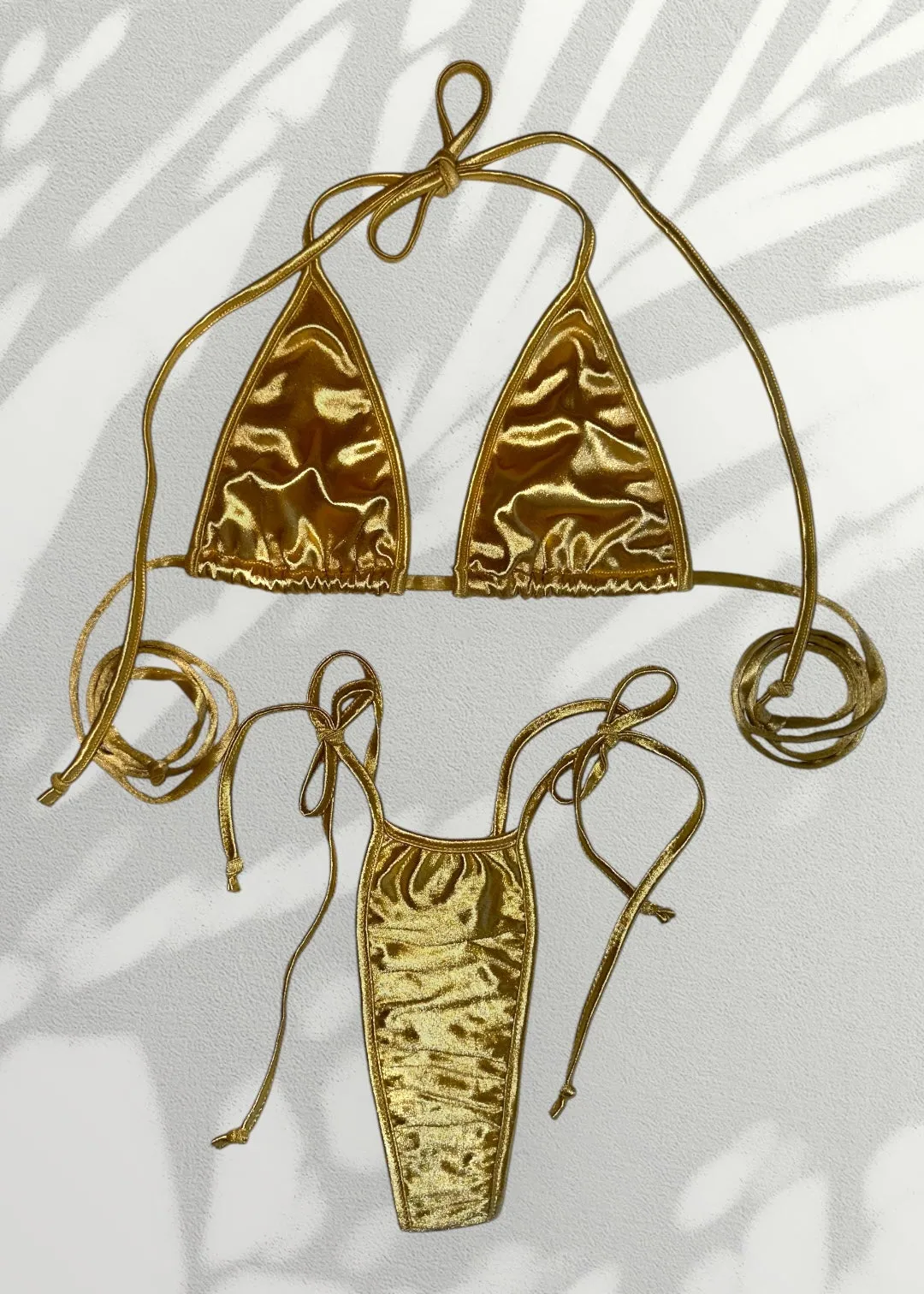 Y2K Minimalist Satin Double Lined Bikini Tie-Side Thong Swim Set, Vintage Deadstock | Silver, Gold
