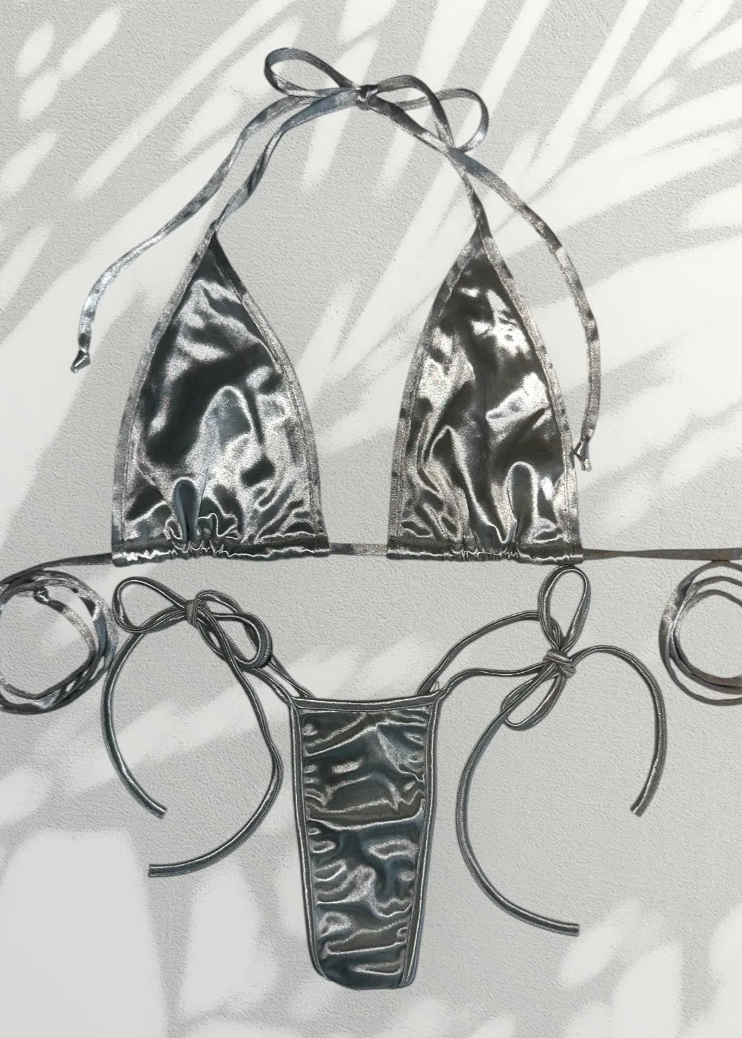 Y2K Minimalist Satin Double Lined Bikini Tie-Side Thong Swim Set, Vintage Deadstock | Silver, Gold