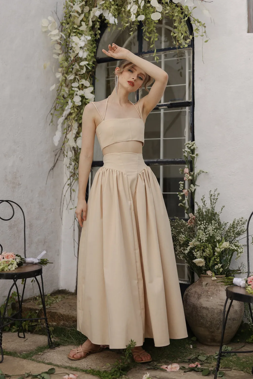 ZETA SET Crop Bandeau Top and High Waist Baroque Style Midi Skirt (Nude Linen)