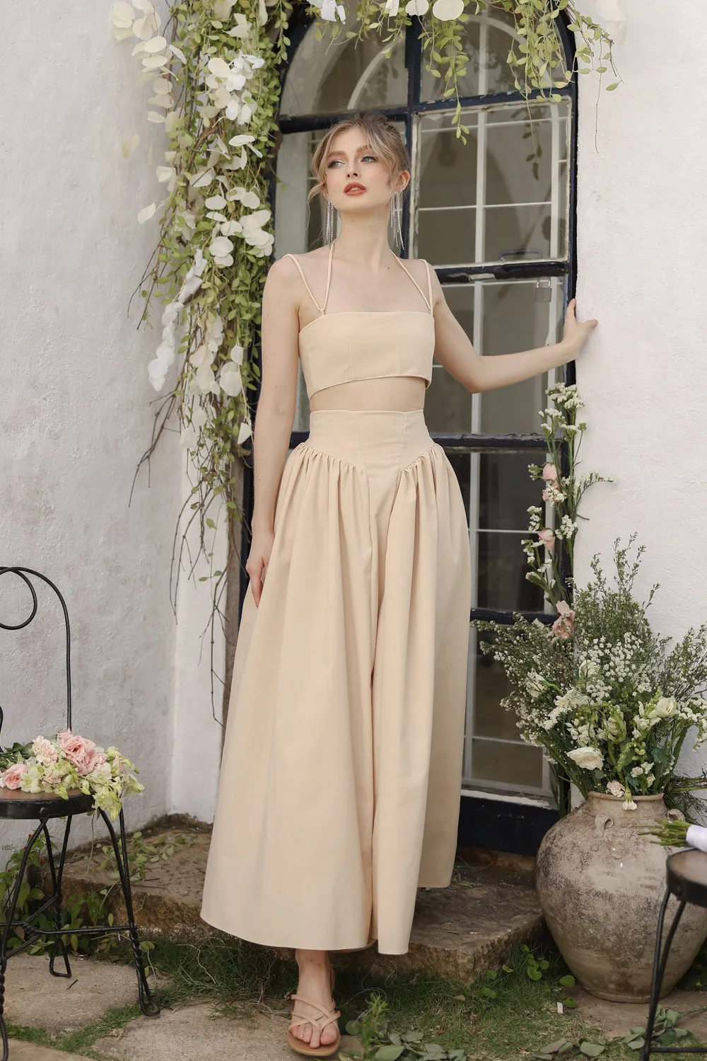 ZETA SET Crop Bandeau Top and High Waist Baroque Style Midi Skirt (Nude Linen)