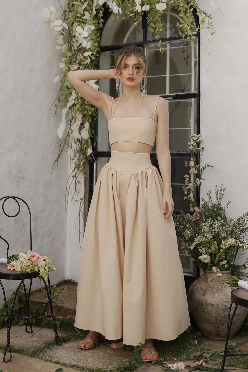 ZETA SET Crop Bandeau Top and High Waist Baroque Style Midi Skirt (Nude Linen)