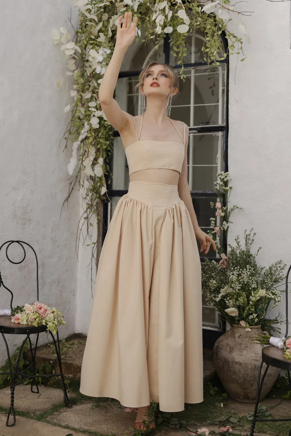 ZETA SET Crop Bandeau Top and High Waist Baroque Style Midi Skirt (Nude Linen)