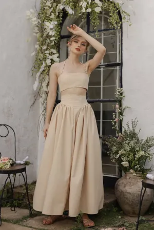 ZETA SET Crop Bandeau Top and High Waist Baroque Style Midi Skirt (Nude Linen)