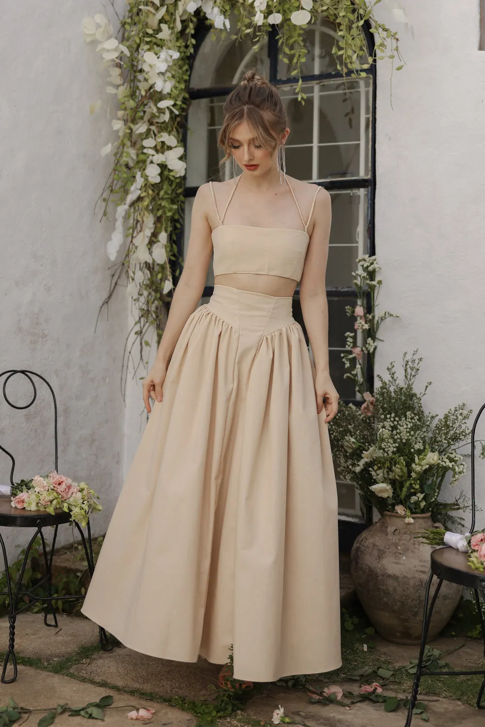 ZETA SET Crop Bandeau Top and High Waist Baroque Style Midi Skirt (Nude Linen)
