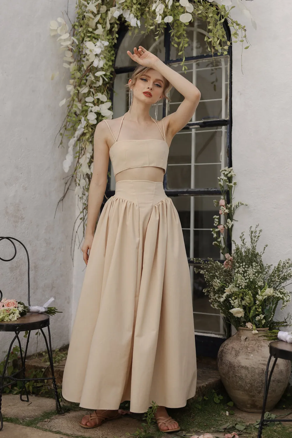 ZETA SET Crop Bandeau Top and High Waist Baroque Style Midi Skirt (Nude Linen)