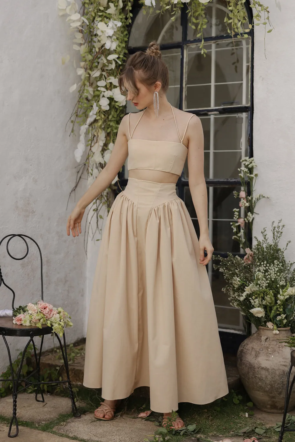 ZETA SET Crop Bandeau Top and High Waist Baroque Style Midi Skirt (Nude Linen)