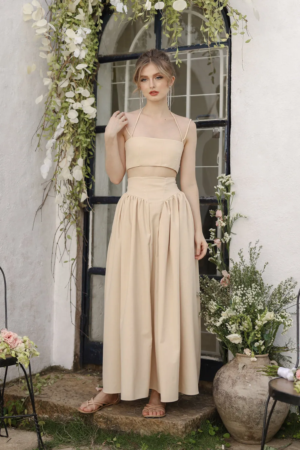 ZETA SET Crop Bandeau Top and High Waist Baroque Style Midi Skirt (Nude Linen)