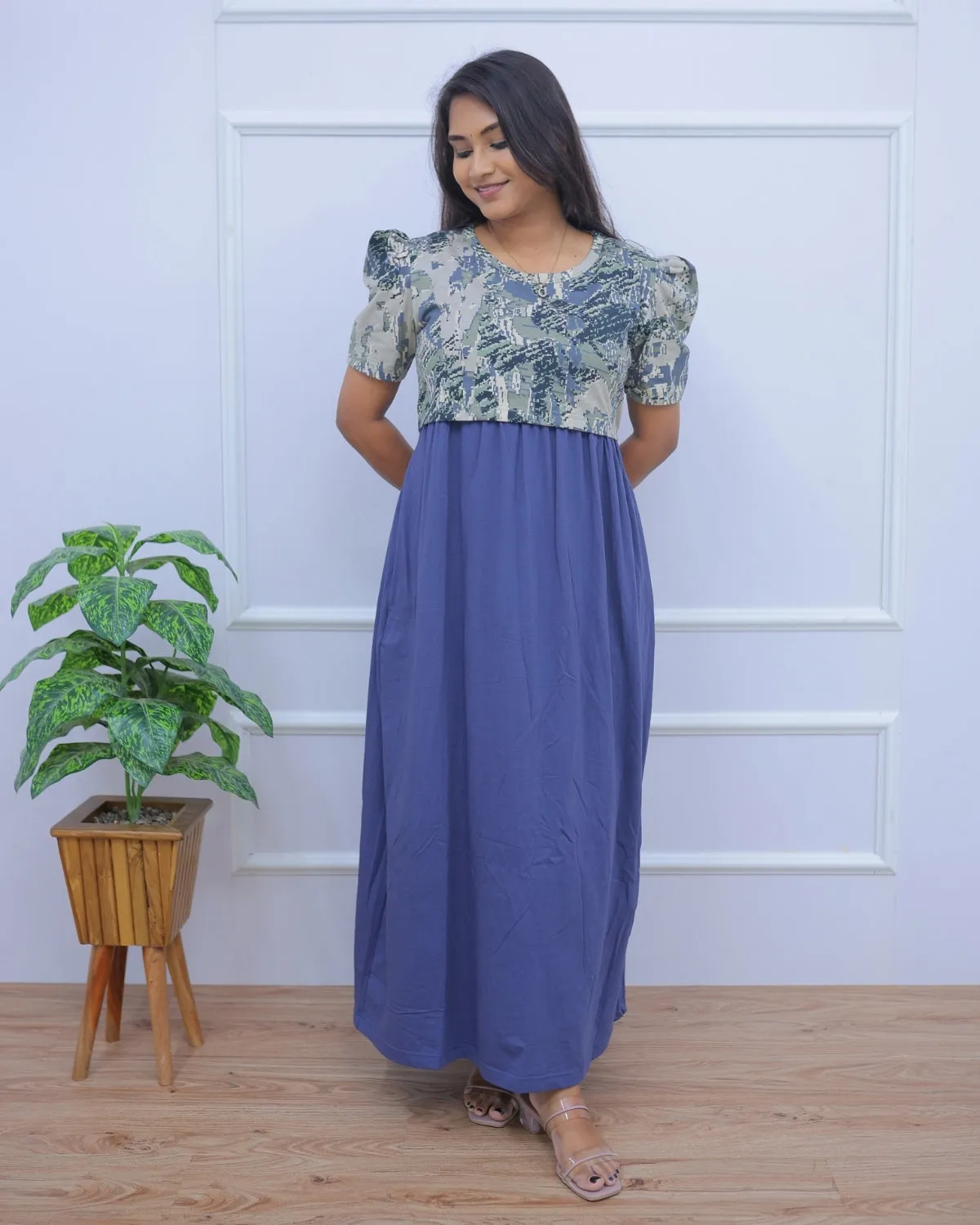 Zoe | Zipless Maternity Dress - Puff Sleeves | Full Length Maxi