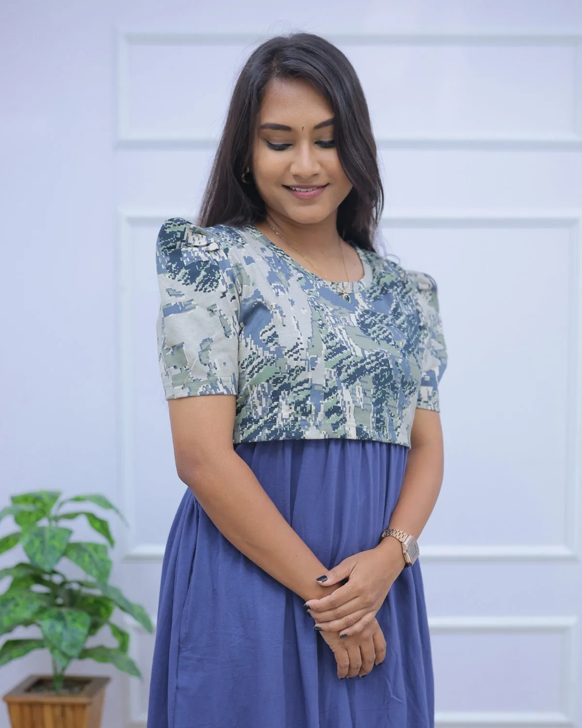 Zoe | Zipless Maternity Dress - Puff Sleeves | Full Length Maxi